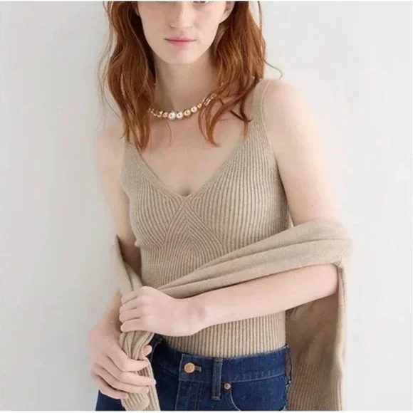 J.CREW Cropped Sweater Tank Tan Cashmere Blend Pullover Ribbed Knit - Picture 3 of 11